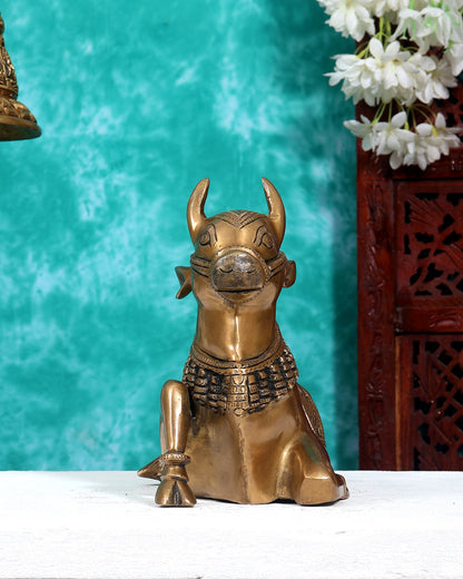 Pure Brass Nandi Bull Statue with Unique Lotus Carvings 10 inch