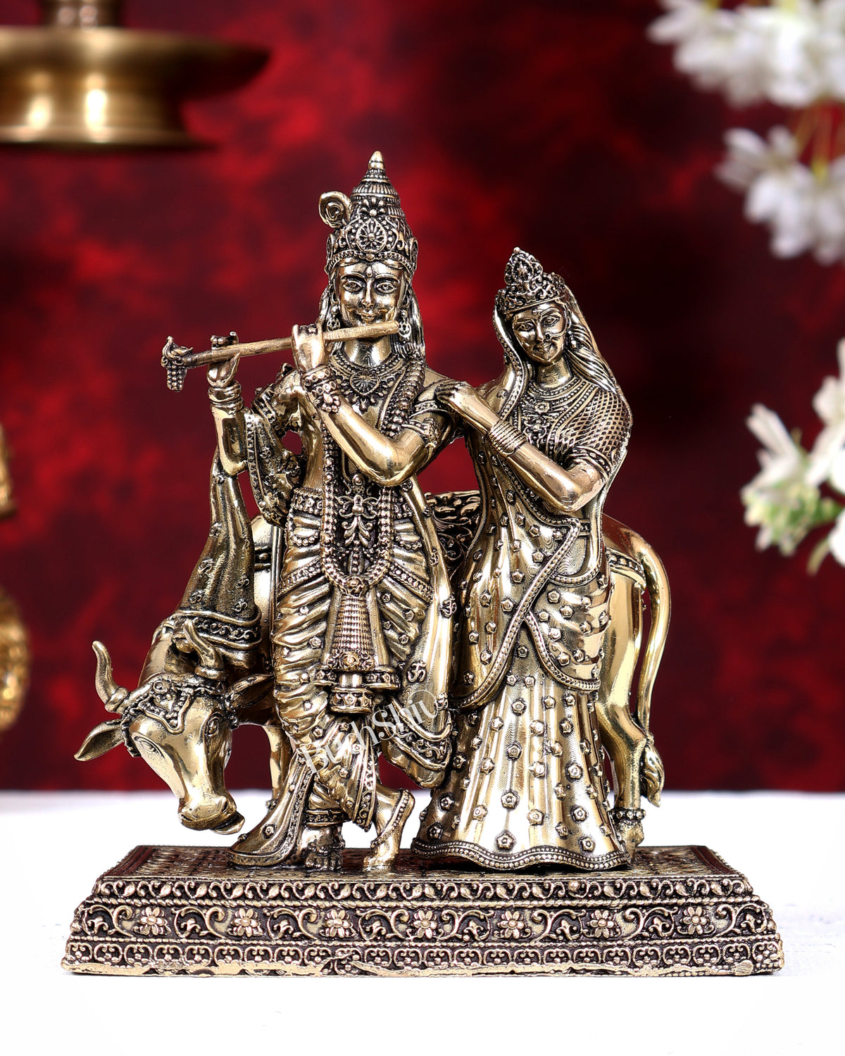 Brass Superfine Radha Krishna with Cow Idol 6 inch