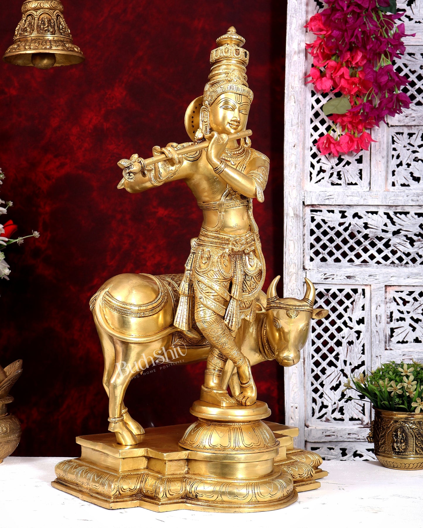 Brass Krishna with cow sleek and simple Sculpture 27 inch