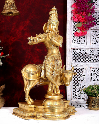 Brass Krishna with cow sleek and simple Sculpture 27 inch