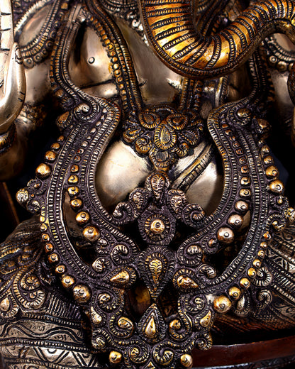 Pure Brass Ganesha large Idol 26 inch with Kirtimukha Prabhavali aureole three tone finish
