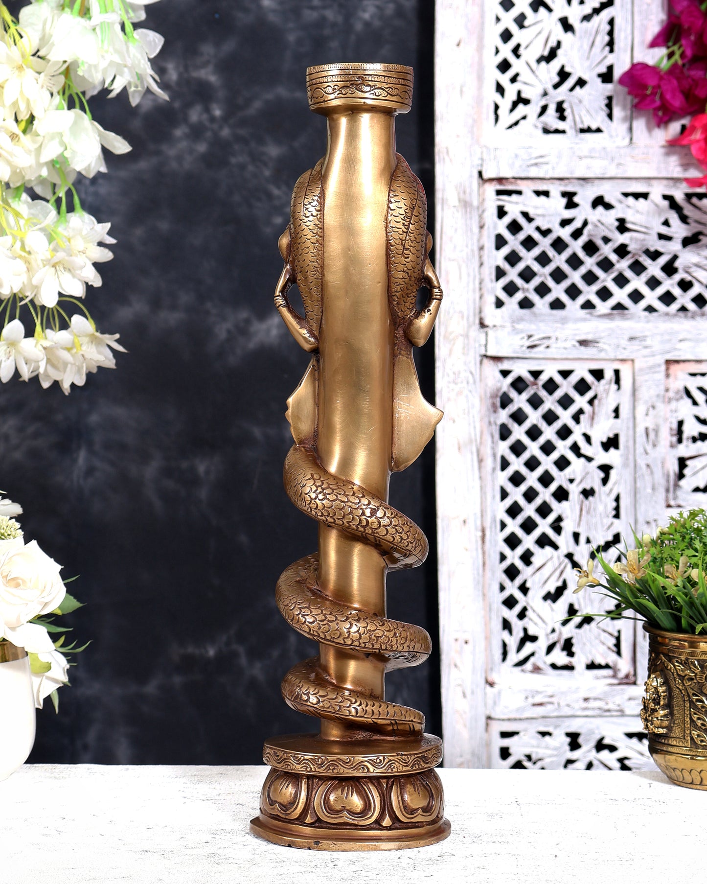 Brass Large Naga Kanya Candle Holder / Candle Stand (Vintage Burnt Brass Tone) 16 inch