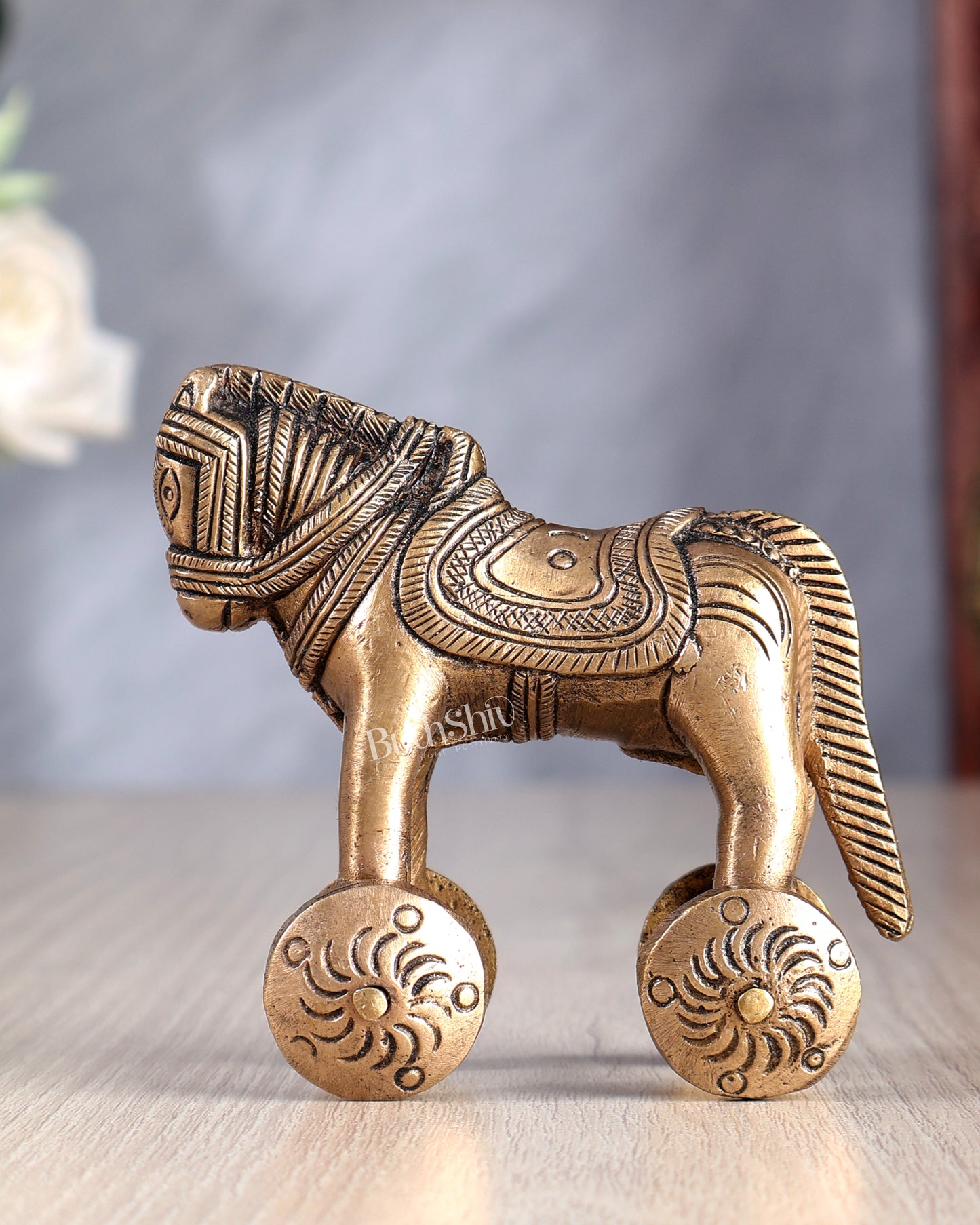 Brass Small Horse with Wheels – Traditional Showpiece & Ancient Toy 3.5 inch
