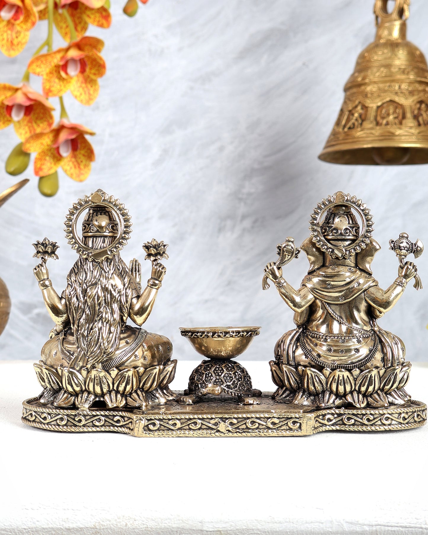 Brass Ganesh Lakshmi Idol with Tortoise Diya – Auspicious Prosperity & Wealth Sculpture 4.5 inch