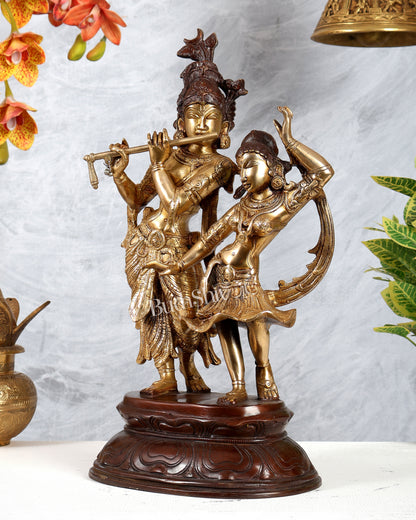 Brass Dancing Radha Krishna Statue – Dual Tone Finish Divine Sculpture (16 Inches)
