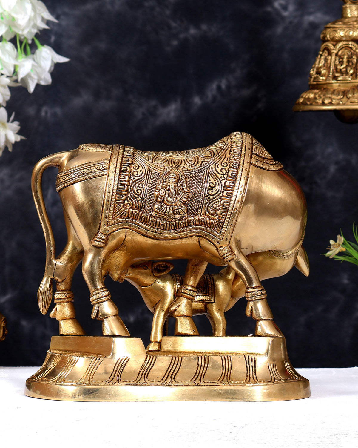 Pure Brass Superfine Kamdhenu Cow with Calf - 10 inch enhanced carvings