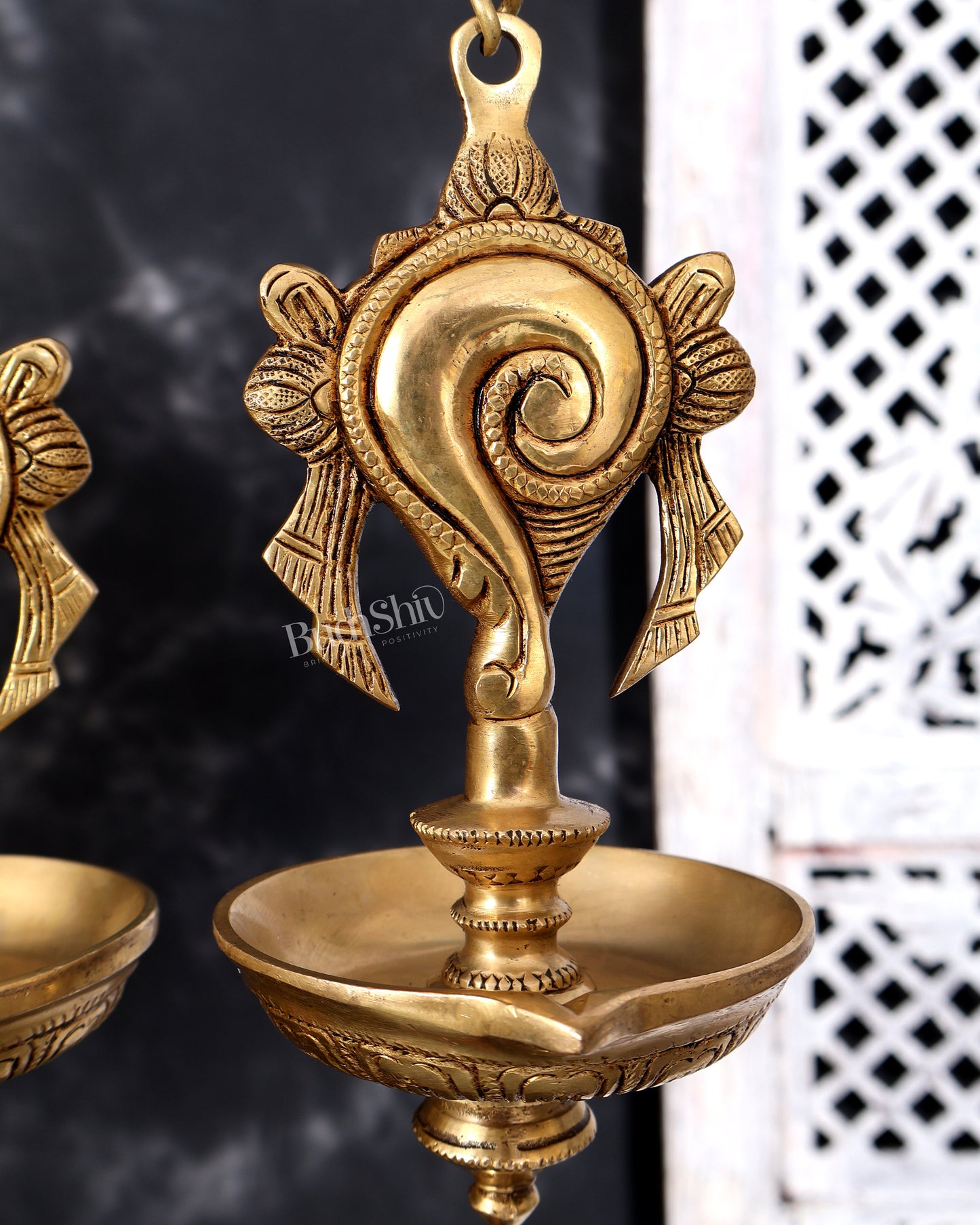 Brass Hanging Shankh and Chakra Lamp with Single Diya — Unique Design