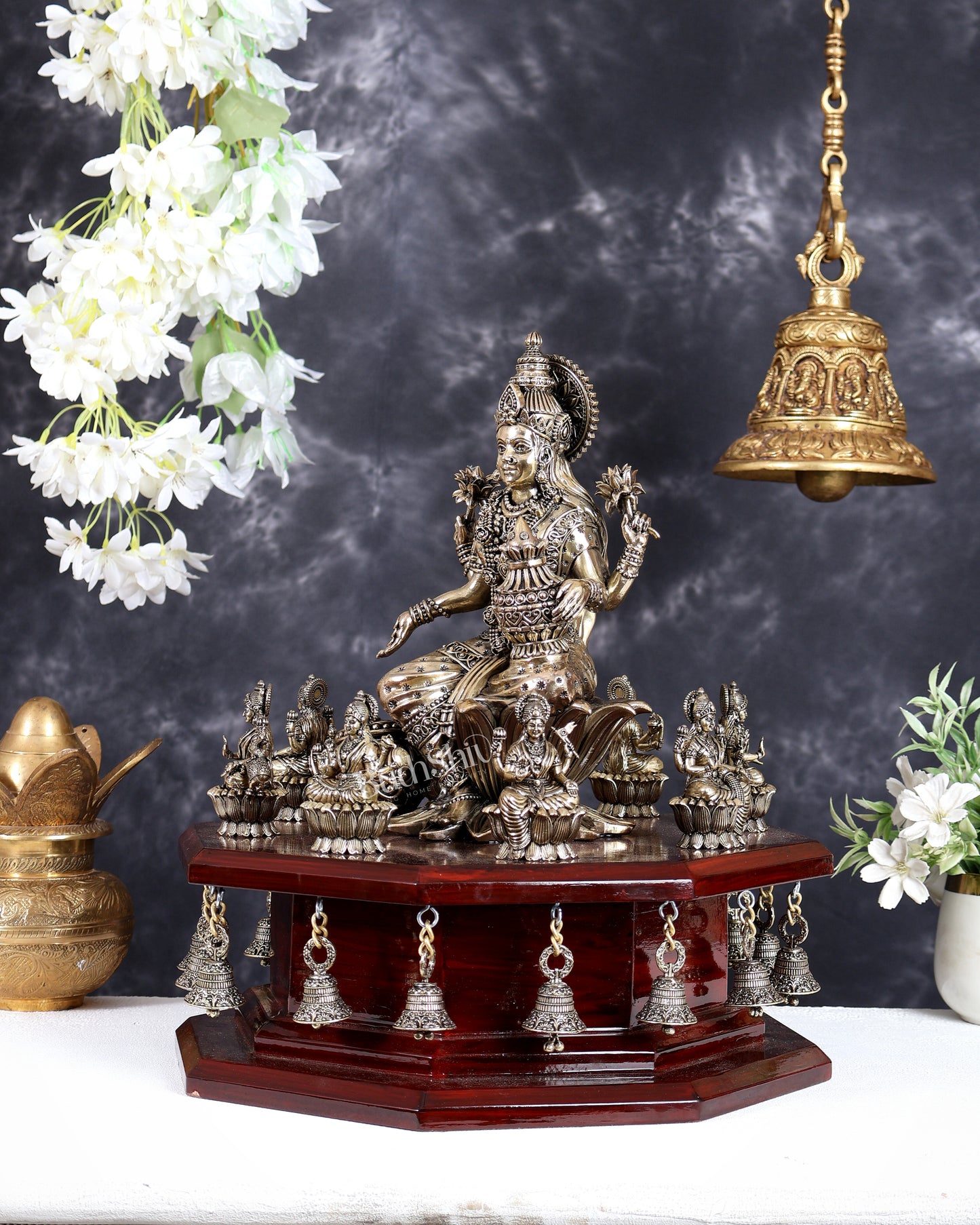 Brass Superfine Mahalakshmi with Ashtalakshmi Idols on Teak Wood Base with Hanging Bells – Divine Prosperity Ensemble (15 Inches)