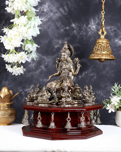 Brass Superfine Mahalakshmi with Ashtalakshmi Idols on Teak Wood Base with Hanging Bells – Divine Prosperity Ensemble (15 Inches)
