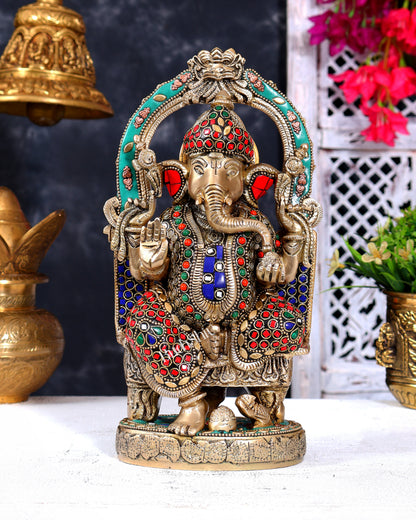 Pure Brass Lord Ganesha Seated on a Throne Statue 10" with stonework