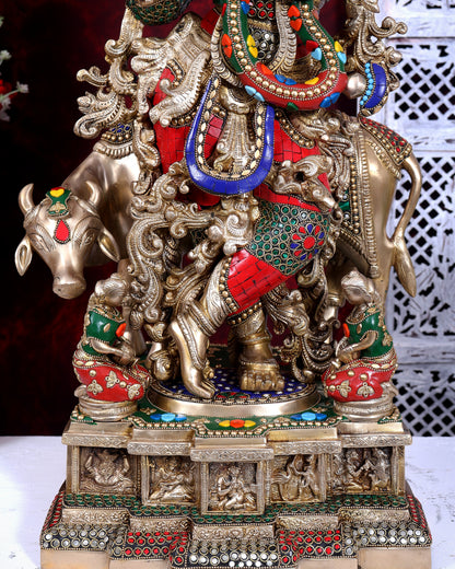 Pure Brass Lord Krishna with Cow with stonework 29 inch