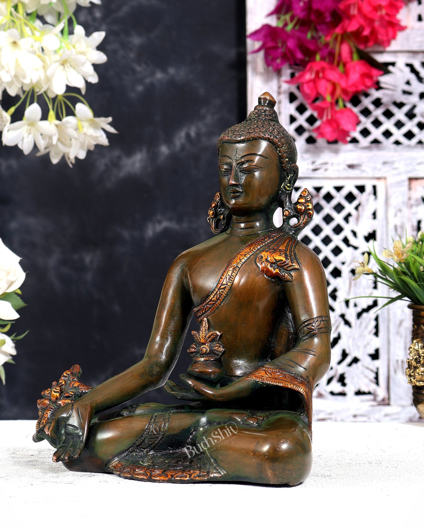 Vintage Brass Medicine Buddha (Healing Buddha) — Nepalese Bronze Tone 9 inch