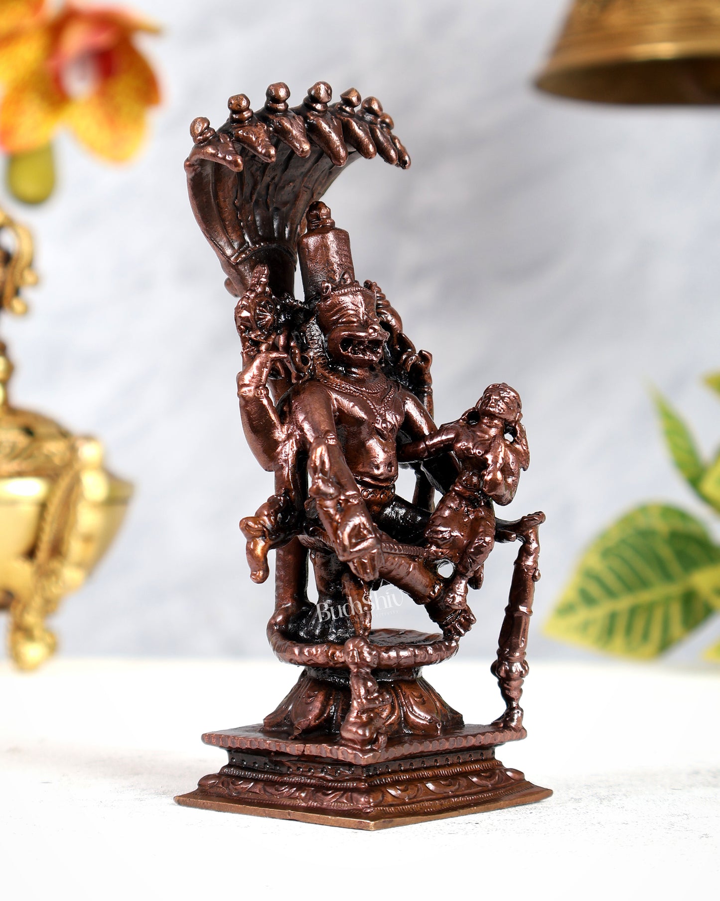 Pure Copper Lakshmi Narasimha Swamy with Sheshanaag & Bhakt Prahlad Idol – Divine Protection Sculpture (5 Inches)