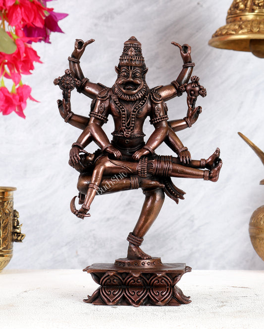 Pure Copper Narasimha Slaying Hiranyakashipu Statue – Masterpiece Vishnu Avatar Sculpture (9.5 Inches)