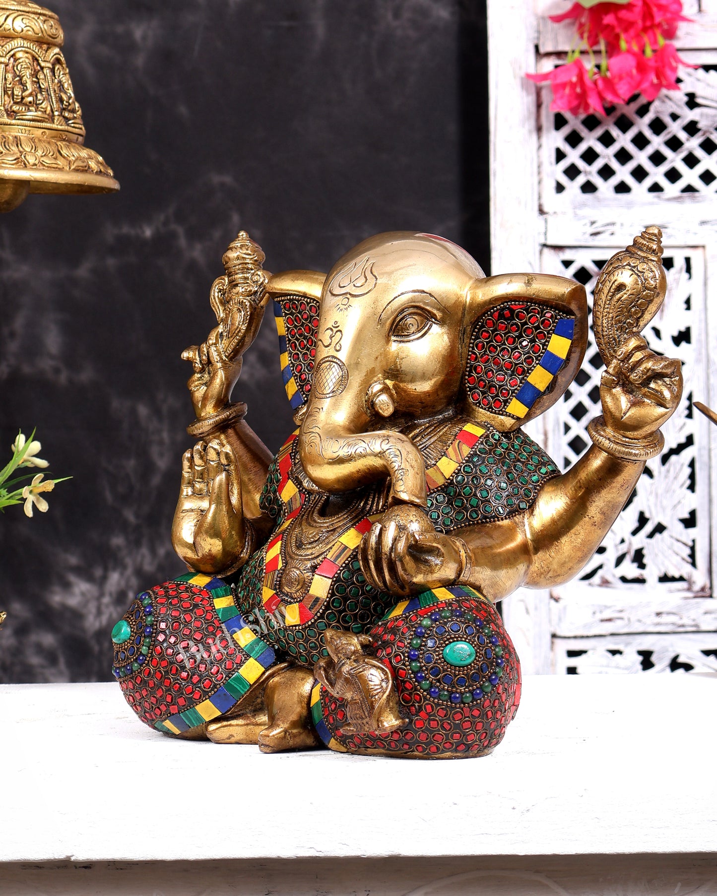 Large Brass Ganesha Statue - 11 Inch beautiful stonework