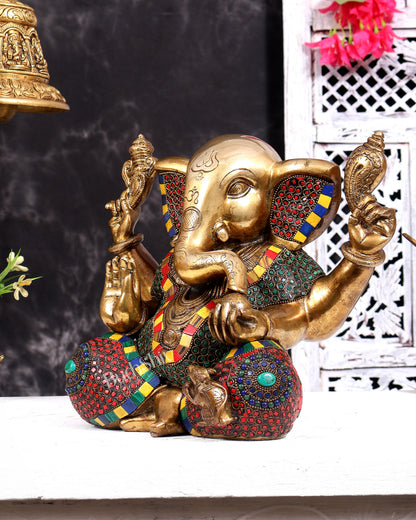 Large Brass Ganesha Statue - 11 Inch beautiful stonework