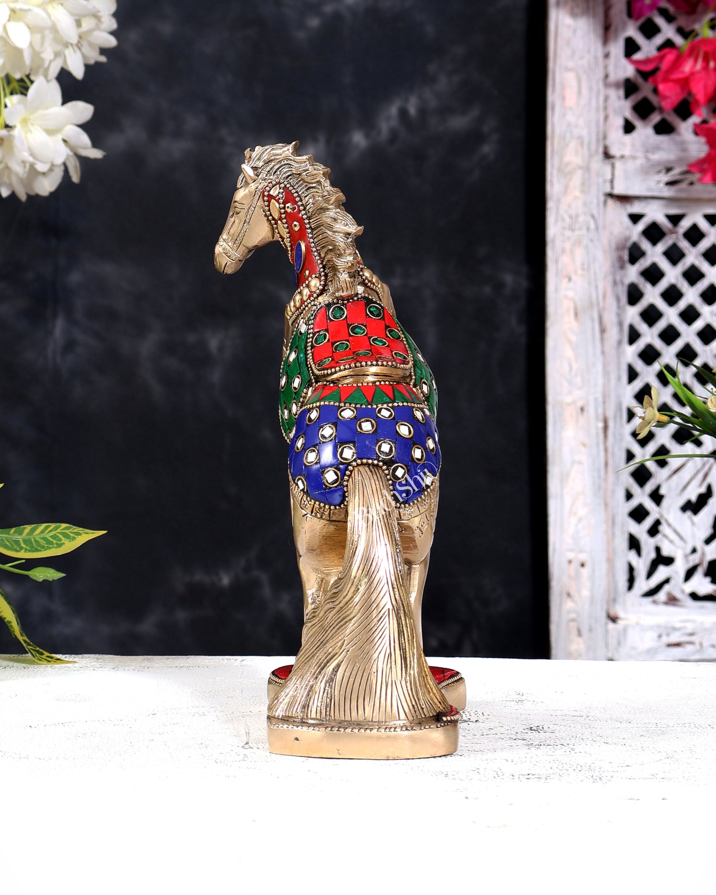 Pure Brass Vastu Feng Shui Jumping Horse Statue — with Stonework 8.5 inch