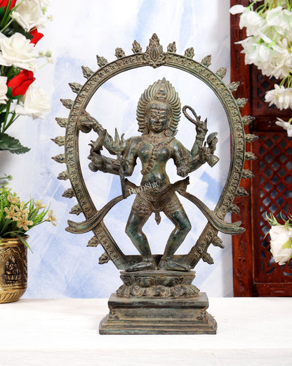 Vintage Bronze Bhairavi Bhadrakali sculpture | 6-Armed Lost Wax casted 14 inch celestial green patina
