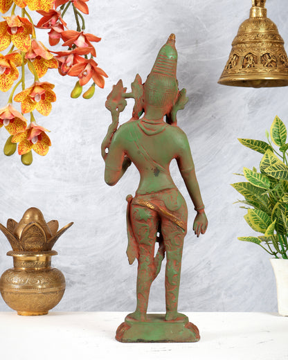 Vintage Brass Standing Green Tara Statue – Antique Patina with Red Sand Finish (16.2 Inches)