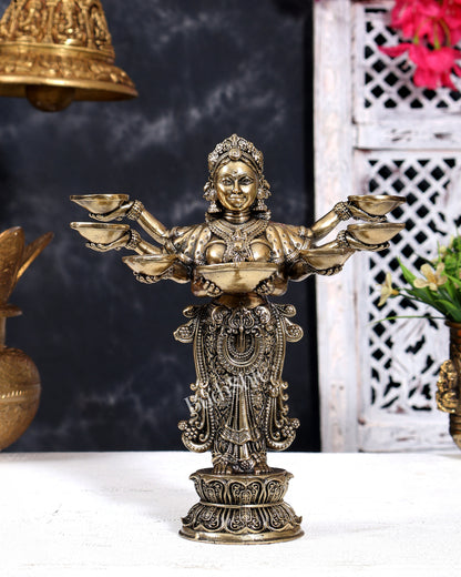 Brass Superfine Deep Lakshmi Lady with Multiple Arms Holding Diyas 8.5 inch