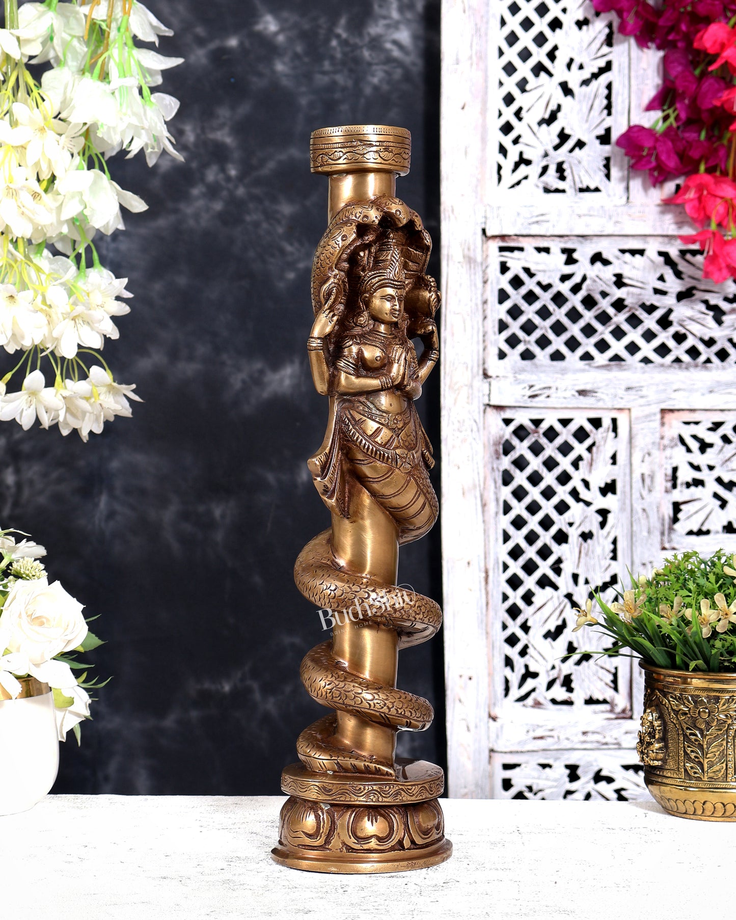 Brass Large Naga Kanya Candle Holder / Candle Stand (Vintage Burnt Brass Tone) 16 inch
