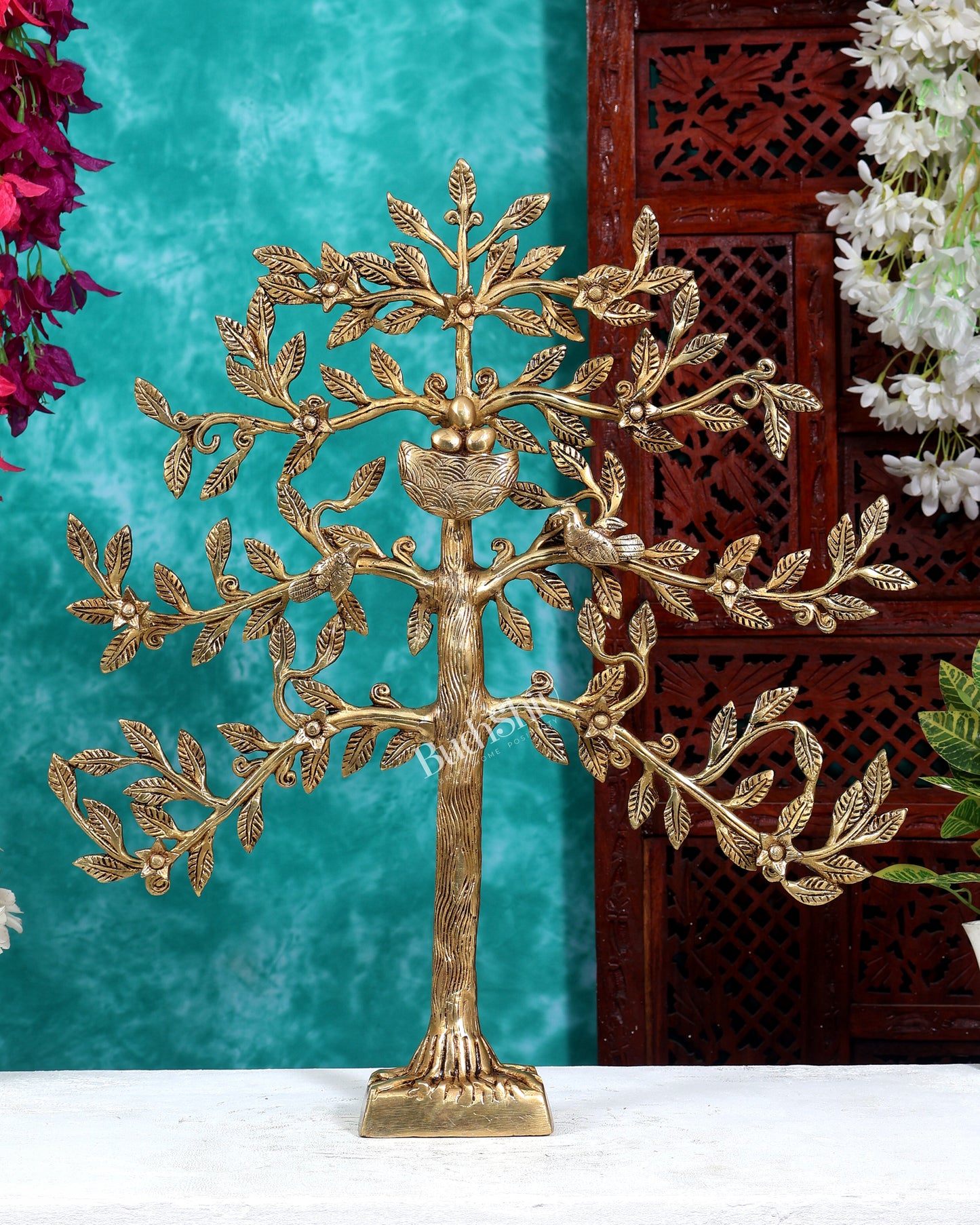Brass Kalpavriksha Table Standing Tree with Birds & Nest 21 inch