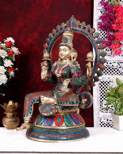 Pure Brass Large Lakshmi Devi Statue with Stonework – 27 inch