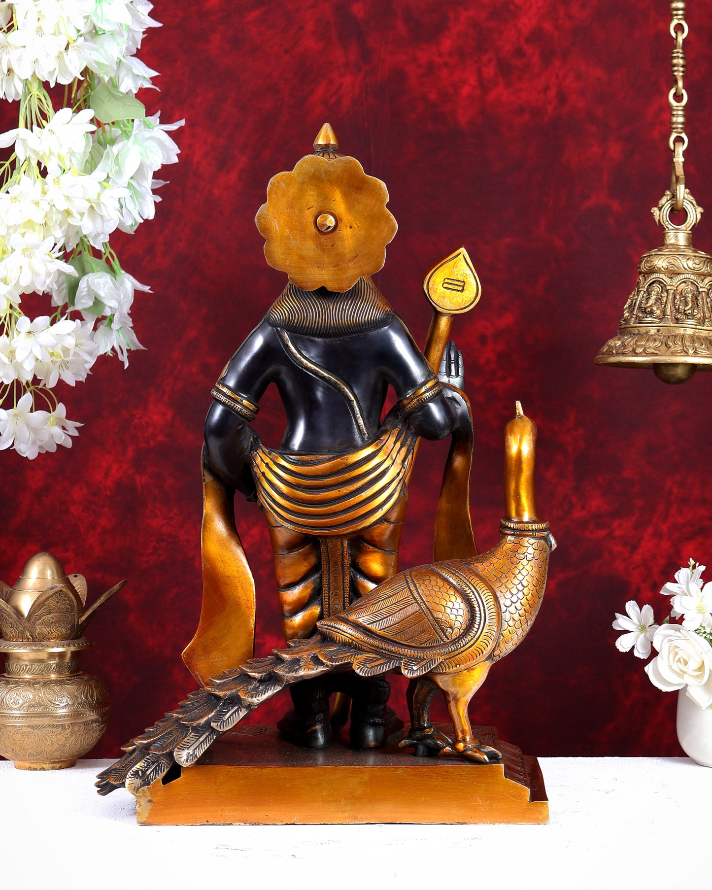 Large Brass Murugan Swamy with Peacock Idol – Black & Golden Finish Highly Detailed Lord Kartikeya Statue (20.5 Inch)