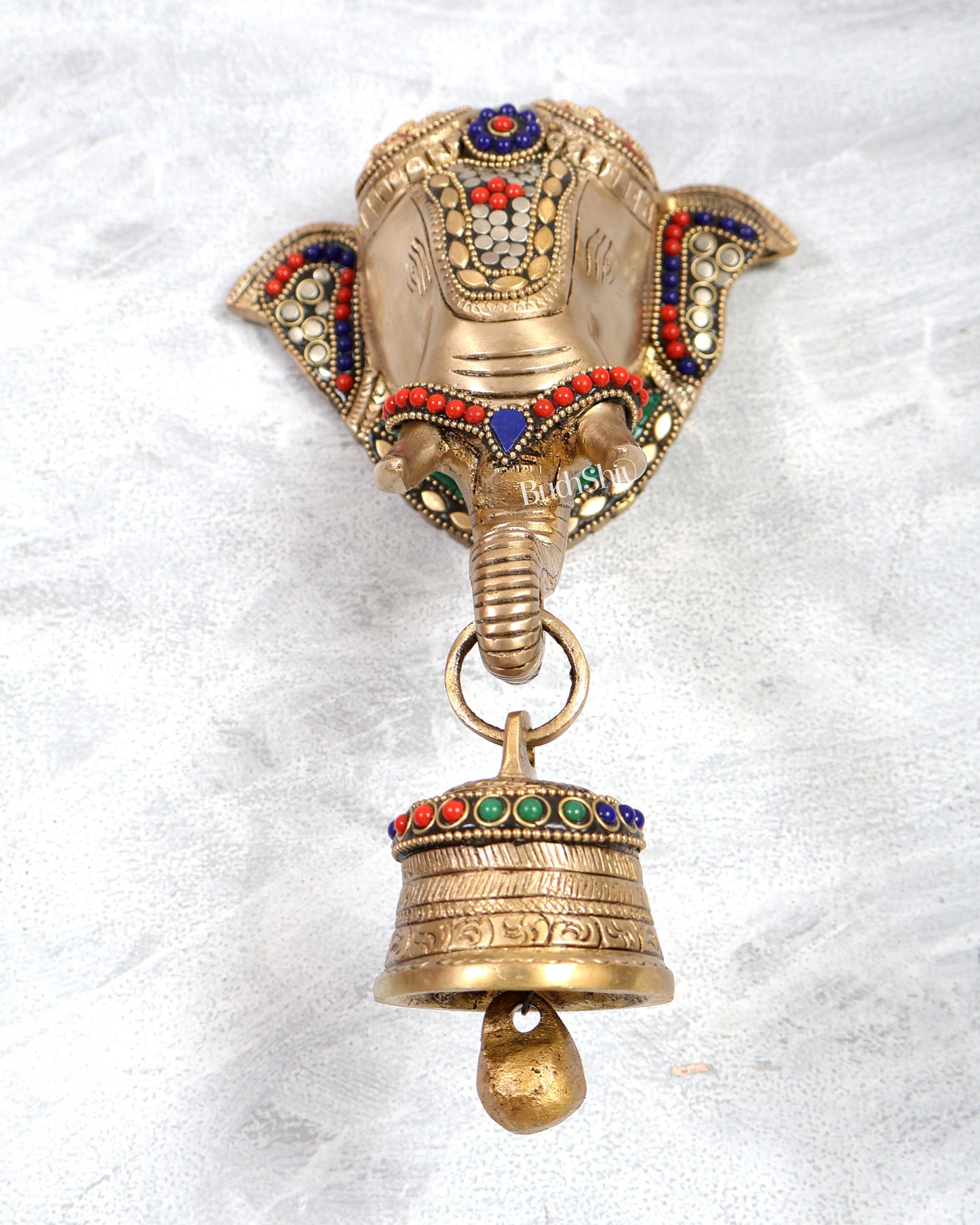 Brass elephant face with bell wall hanging multicolour