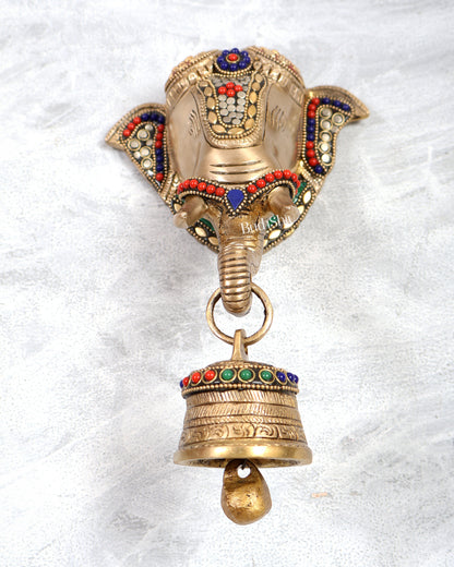 Brass elephant face with bell wall hanging multicolour