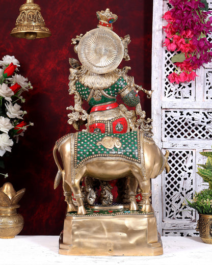 Pure Brass Lord Krishna with Cow with stonework 29 inch