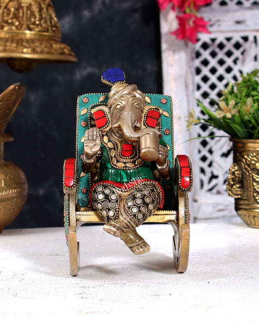 Brass Ganesha on Rocking Chair – Cute Relaxing Idol Gift 6.5 inch with Stonework