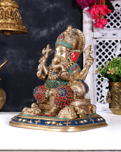 Pure Brass Lord Ganesha Idol - 9 inch with Stonework