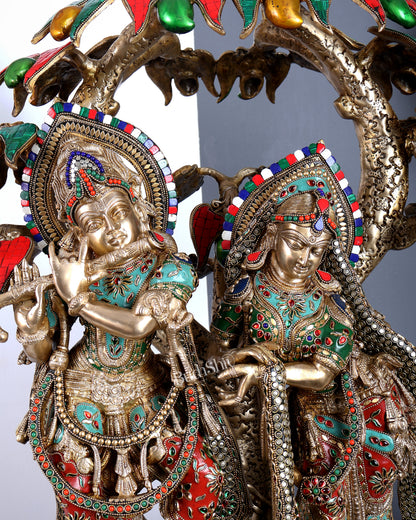 Premium Pure Brass Radha Krishna under Vrindavan Tree with Meenakari Stonework – Grand Handcrafted Temple Sculpture 30 inch tall