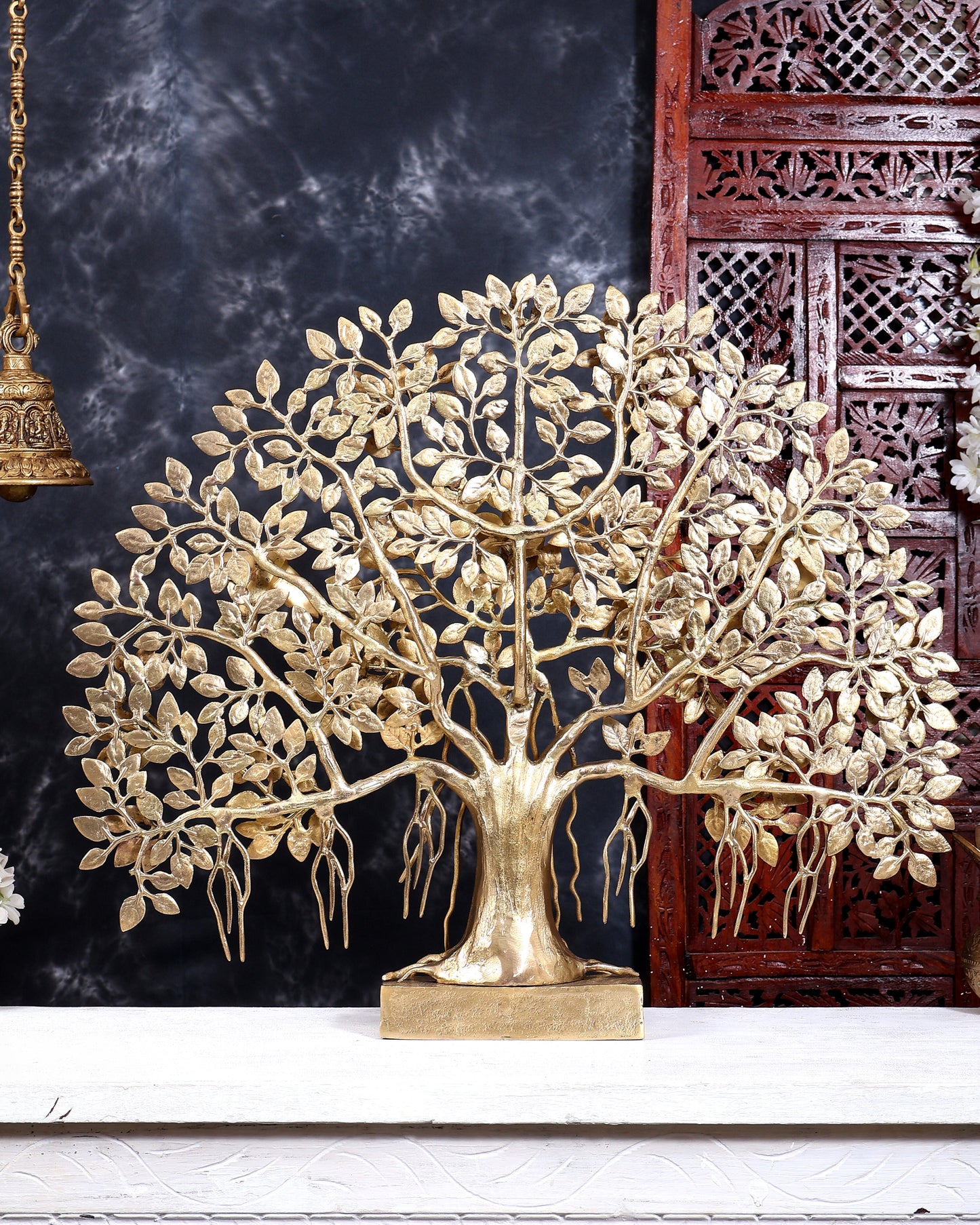 Brass Superfine Large Kalpavriksha Tree Tabletop Artefact | Birds & Hanging Roots 28 inch