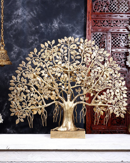 Brass Superfine Large Kalpavriksha Tree Tabletop Artefact | Birds & Hanging Roots 28 inch