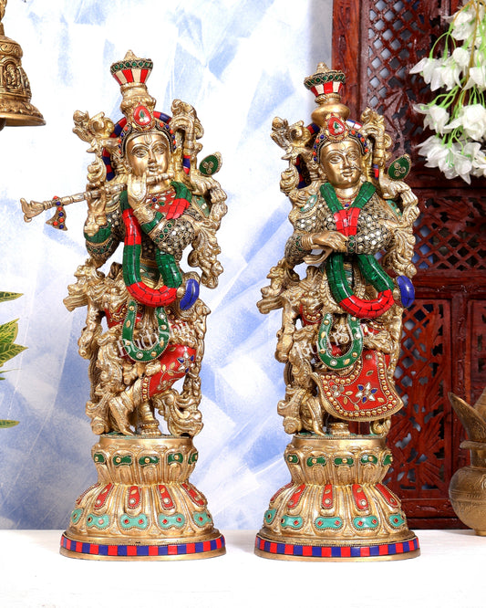Brass Radha Krishna idols pair stonework  - 21 inch