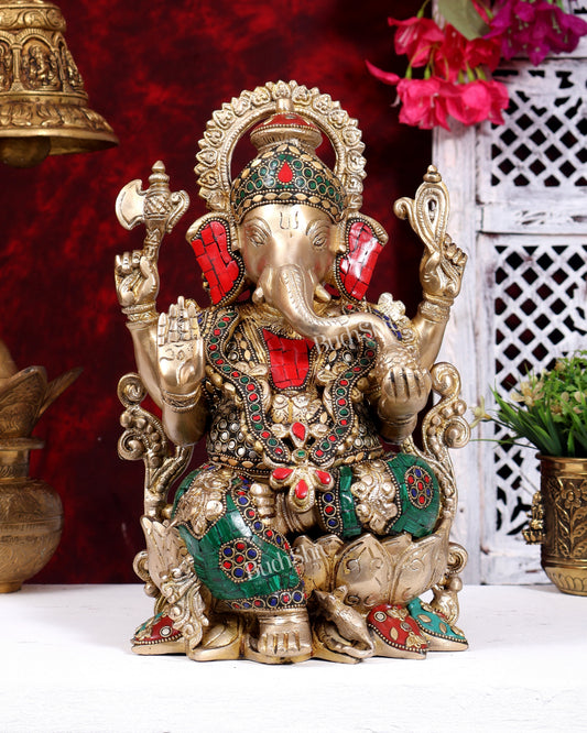 Kamalasana Ganesha Brass idol with stonework 12 inch Ganpati on lotus base
