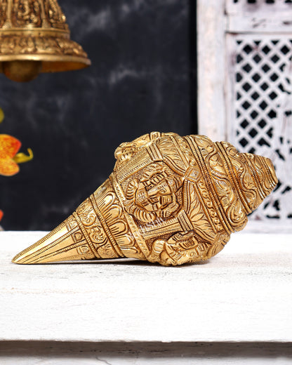 Brass Ganesha Playing Conch (Shankh) – Musician Idol | Auspicious Gift & Showpiece 8"