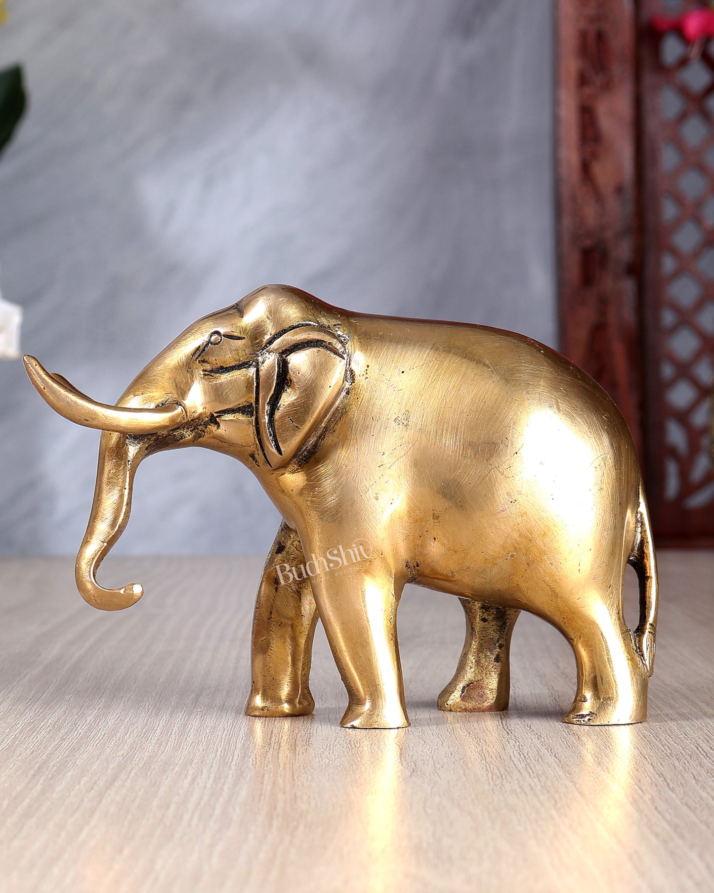 Brass Elephant Statue with Trunk Down – Vastu Approved Handcrafted Decorative Showpiece 5.75 inch