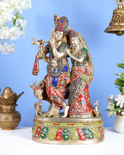 Brass Radha Krishna with Cow and calf 18 inch meenakari