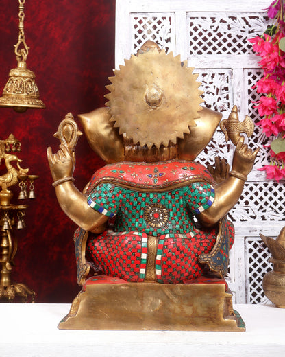Pure Brass Large Ganesha Statue antique tone with Meenakari Stonework 22 inch