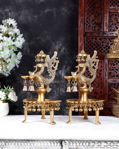 Unique Brass Peacock Lamp with Multiple Diyas, Ghungroos & Bells – Handcrafted Temple Deepam 14 inch pair