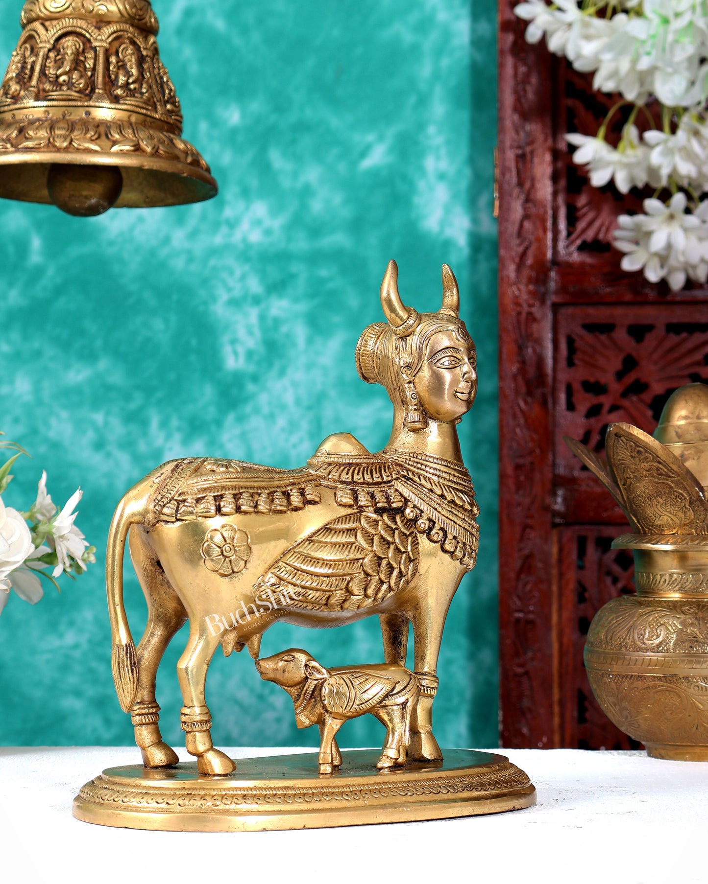 Superfine Brass Kamadhenu Cow and Calf with wings and goddess face Idol 8.5 inch enhanced