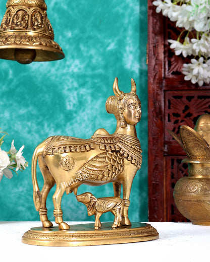Superfine Brass Kamadhenu Cow and Calf with wings and goddess face Idol 8.5 inch enhanced