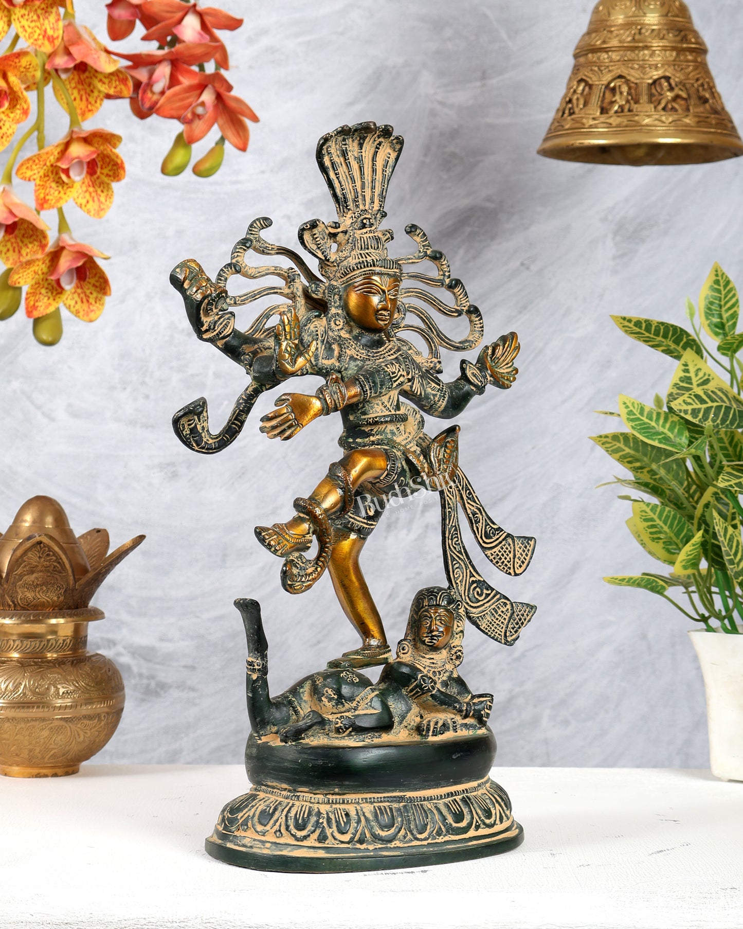 Brass Dancing Shiva Statue Without Ring – Vintage Henna Tone Finish Nataraja Sculpture (14.5 Inches)