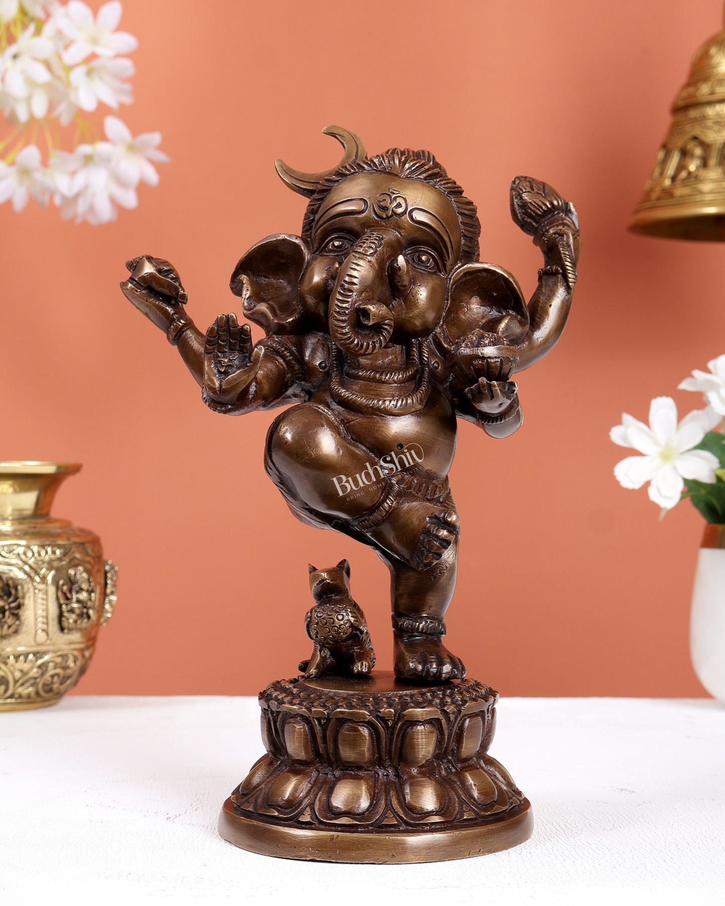 Brass Dancing Baby Ganesha Idol – Antique Burnt Brass Tone Statue (8.5 Inches)