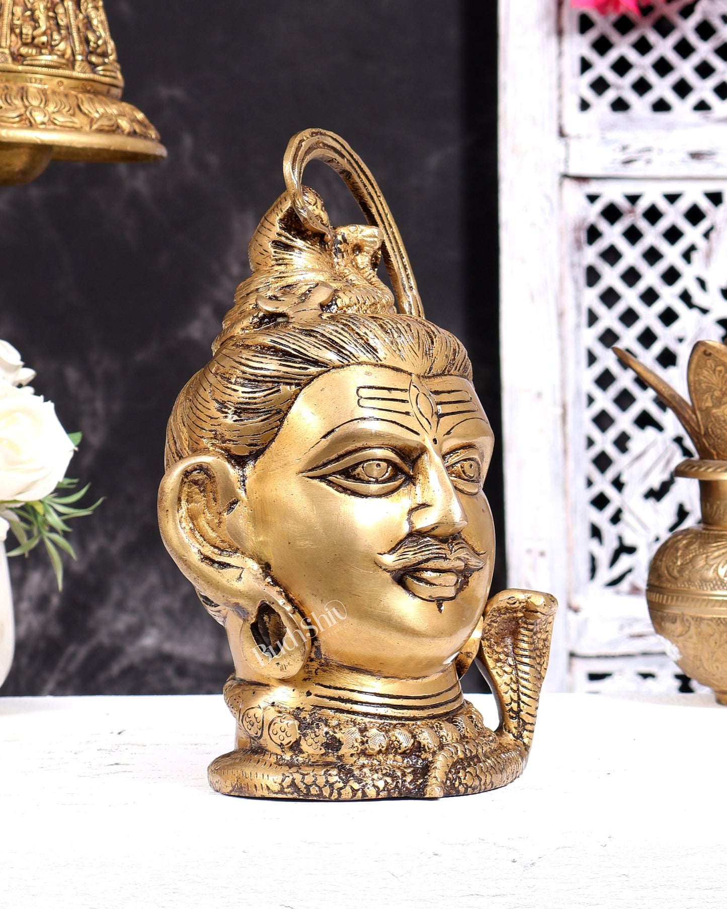 Pure Brass Lord Shiva Mahakal Face Mukhalingam Statue (Antique Tone) 9 inch