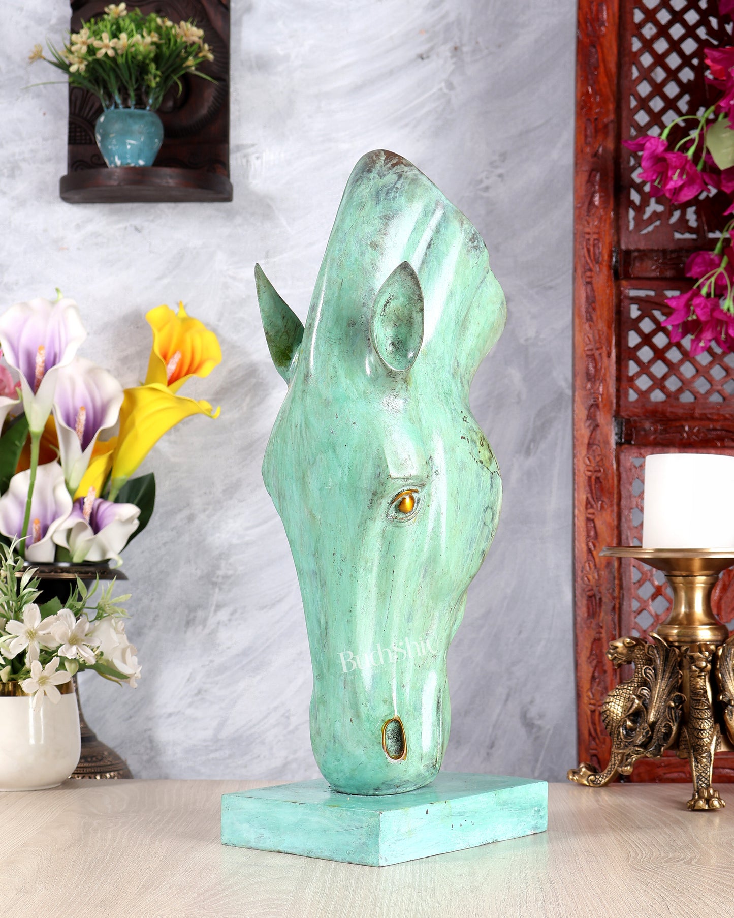Verdigris Patina Horse Face Décor Artefact – Handcrafted Artistic Statement Sculpture 17.5 inch