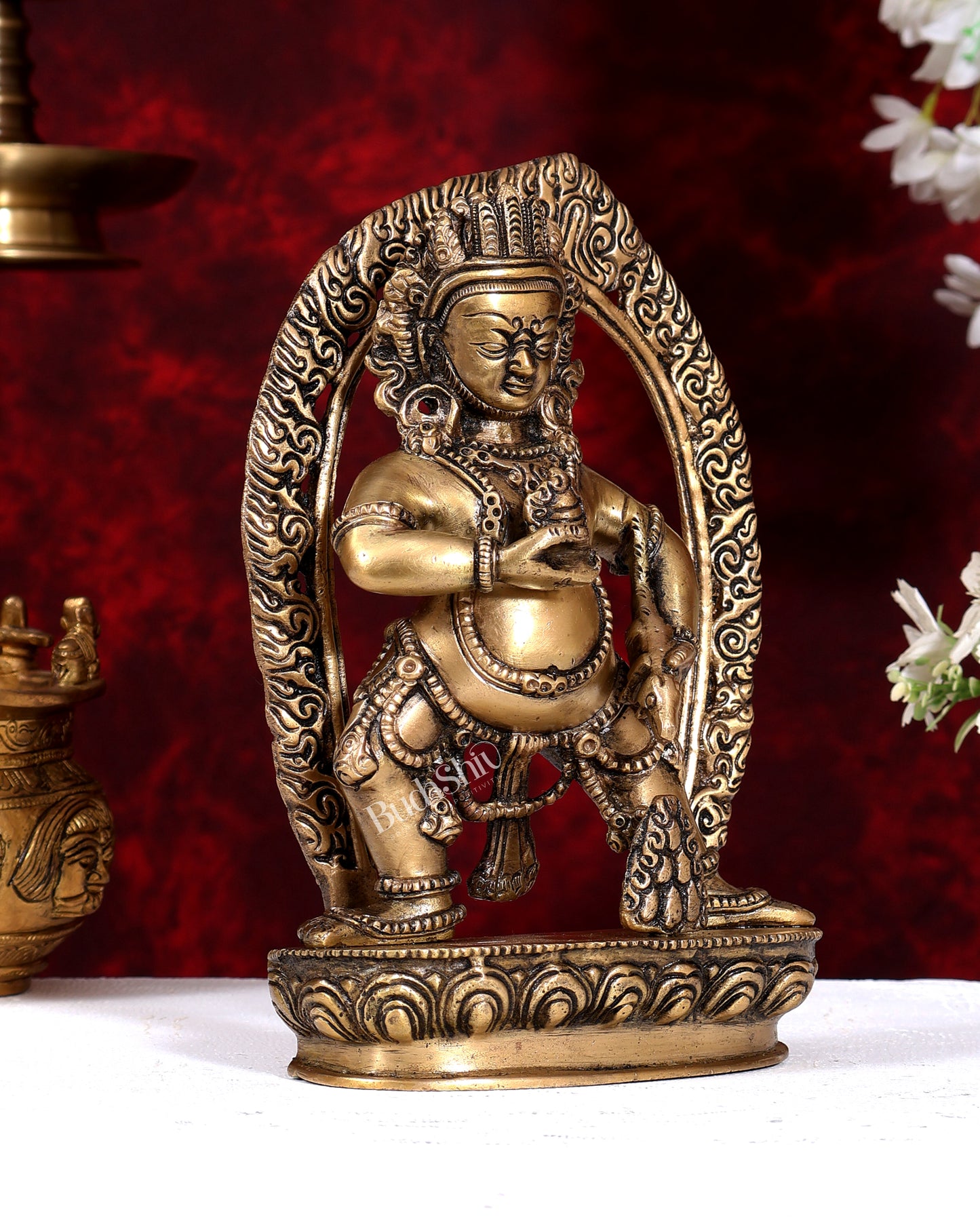 Brass Kubera Standing with Flame Aureole — Tibetan Depiction, Lord of Wealth 8.5 inch